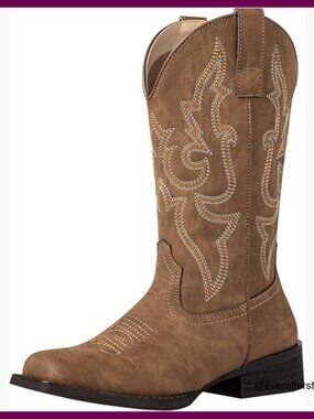 Faux Leather Square Toe Cowboy Boots Mid-Calf Wide Calf Riding